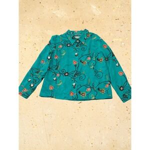 a la carte Women's Turquoise Embroidered Floral Button Up Shirt Blouse XL flaw